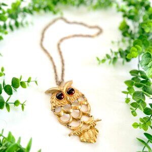 Vintage MCM Large Owl Articulated Gold-Toned Owl Necklace & Chain